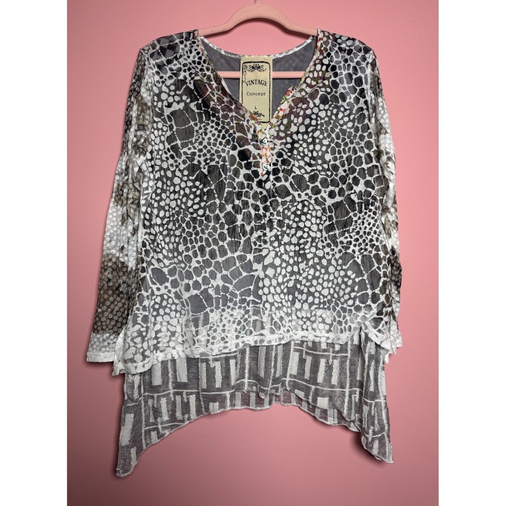 Vintage‎ Concept Women Grey White Animal Print Sharkbite Hem Tunic Top Large